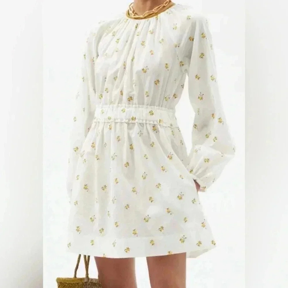 Three‎ Graces White Rosette Floral Embroidered Long Sleeve Cotton Dress Size 6
